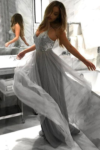 Flowy A Line Spaghetti Straps Grey Tulle Long Prom Dresses Cheap Dance Dresses SJS15228