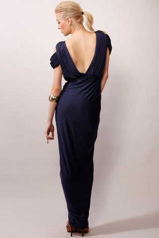 A-Line V-Neck Boho Navy Jersey Beach Cheap Popular Open Back Chiffon Bridesmaid Dresses JS516