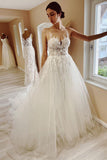 Elegant A Line V Neck Tulle Wedding Dresses with Appliques