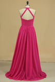 Halter A Line Chiffon Bridesmaid Dresses Floor-Length With Ruffles