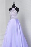 A Line Scoop Satin Prom Dresses With Beads Sweep Train