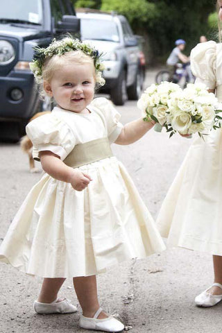 Vintage Juliet Sleeves Tea Length Round Neck Satin Flower Girl Dresses, Little Dresses SJS15606