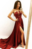 Elegant A line Strapless V Neck Burgundy Beads Prom Dresses with Slit, Party SJS15640