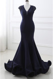 Mermaid V Neck Satin Evening Dresses With Beading Sweep Train