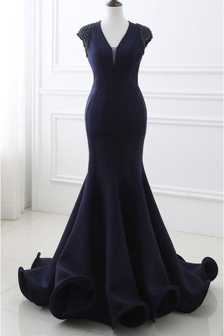 Mermaid V Neck Satin Evening Dresses With Beading Sweep Train