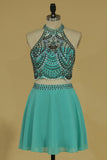 Two-Piece Halter Beaded Bodice Homecoming Dresses A Line Chiffon