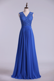 V Neck Cap Sleeves Prom Dresses Chiffon Floor Length With Applique & Sash Backless