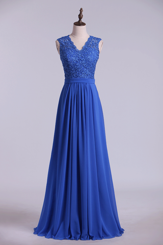 V Neck Cap Sleeves Prom Dresses Chiffon Floor Length With Applique & Sash Backless