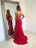 Backless Beading Mermaid Real Made Long Open Back Scoop Slit Cap Sleeve Evening Dresses uk L46