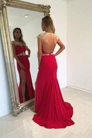 Backless Beading Mermaid Real Made Long Open Back Scoop Slit Cap Sleeve Evening Dresses uk L46