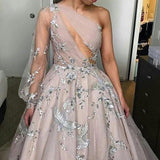 Long Sleeve One Shoulder Sparkly Prom Dress Long Evening Dress, Long Prom Dresses SJS15245