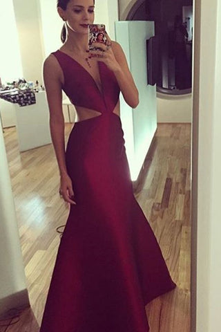 V Neck Satin Mermaid Sweep Train Zipper Up Evening Dresses