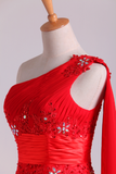 Red One Shoulder A Line Prom Dresses With Applique & Ruffles Floor Length