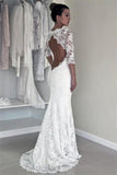 Sheath Long Mermaid Open Back Ivory Wedding Dresses With Sleeves