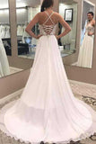 A Line V Neck Open Back Chiffon Ivory Lace Long Lace up Wedding Dresses with Appliques JS968