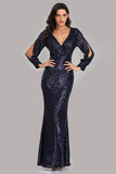 Long Split Sleeve Mermaid V Neck Dark Navy Blue Sequins Prom Dresses, Formal Dress SJS15256