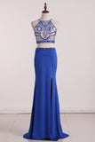 Spaghetti Straps Two-Piece Spandex Prom Dresses With Beads And Slit Mermaid