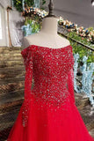 Boat Neck A-Line Red Prom Dresses Tulle Lace Up With Appliques And Bow Knot Beaded Bodice Long Sleeves