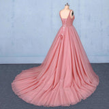 Ball Gown V Neck Tulle Prom Dress with Beads, Puffy Pink Sleeveless Quinceanera Dresses SJS15074