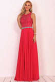 Open Back Scoop A Line Prom Dresses With Beading Chiffon