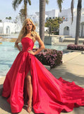 Simple Red Sleeveless Satin Split Long Prom Dresses