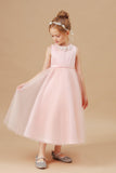 Sleeveless Applique Tulle Crepe Satin Flower Girl Dresses With Bowknot