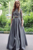 Prom Dresses A-Line Scoop Floor-Length Satin & Lace 3/4 Sleeves