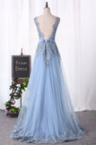 Prom Dresses A-Line V-Neck Floor-Length Tulle With Applique