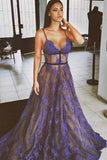 Purple Lace Prom Dresses Spaghettis Straps Nude Lining Long Sexy Evening Gowns JS211