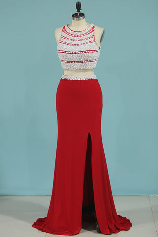 Two-Piece Scoop With Beads And Slit Prom Dresses Spandex