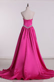 Sweetheart Prom Dresses Satin With Ruffles Beads Sweep Train