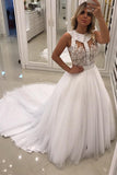 A Line Scoop Wedding Dresses Tulle With Applique And Beads Court Train