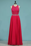 Open Back Scoop A Line Prom Dresses With Beading Chiffon