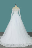 Boat Neck A Line Long Sleeves Wedding Dresses Tulle With Applique