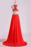 Prom Dresses Scoop A Line Orange Red Chiffon With Beading Sweep Train