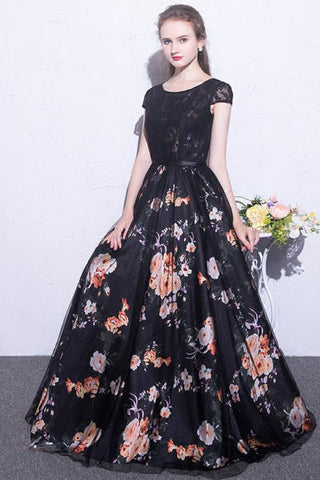 Black Prom Dresses Scoop A-Line Floral Print Sexy Long Lace Prom Dress