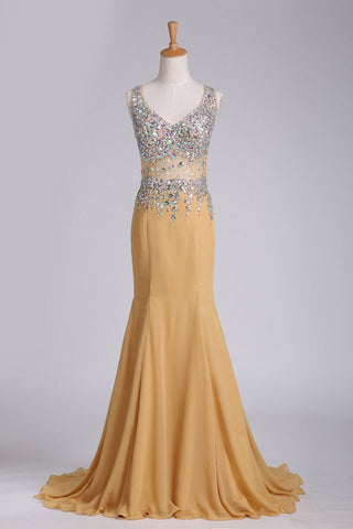 New Arrival Chiffon Prom Dresses Straps With Beading Sweep Train Mermaid