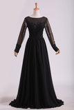 Black Evening Dresses Long Sleeves A Line Chiffon With Applique & Slit