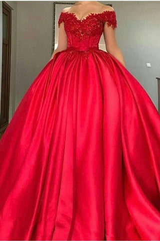 Ball Gown Off-The-Shoulder Satin With Applique Color Red Zipper Back