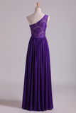 Evening Dress One Shoulder Pleated Bodice Lace Back A Line Full Length Chiffon