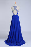 Halter A-Line/Princess Dark Royal Blue Prom Dresses Tulle And Chiffon Sweep Train