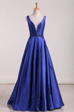 A Line Prom Dresses Straps Beaded Waistline Satin Floor Length