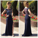 Cap Sleeve Navy Blue See Through Scoop Slit Long Custom Cheap Evening Dresses JS992