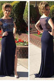 Cap Sleeve Navy Blue See Through Scoop Slit Long Custom Cheap Evening Dresses JS992