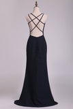 Dark Navy Spaghetti Straps Sheath Chiffon With Beading Evening Dresses