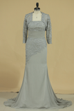 3/4 Length Sleeve Mother Of The Bride Dresses Strapless With Applique Sweep Train