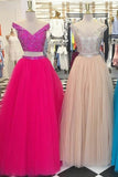 Off The Shoulder Two-Piece Prom Dresses A Line Tulle Beaded Bodice