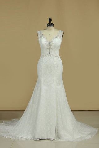 Lace Wedding Dresses Mermaid V Neck With Beading Sweep Train