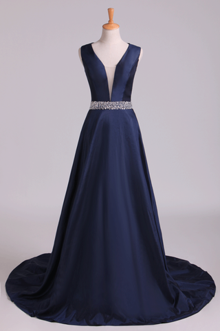 New Arrival V-Neck Prom Dresses A Line Beaded Waistline Court Train