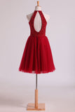 Halter Homecoming Dresses A-Line Tulle Short/Mini Beaded Bodice Burgundy/Maroon